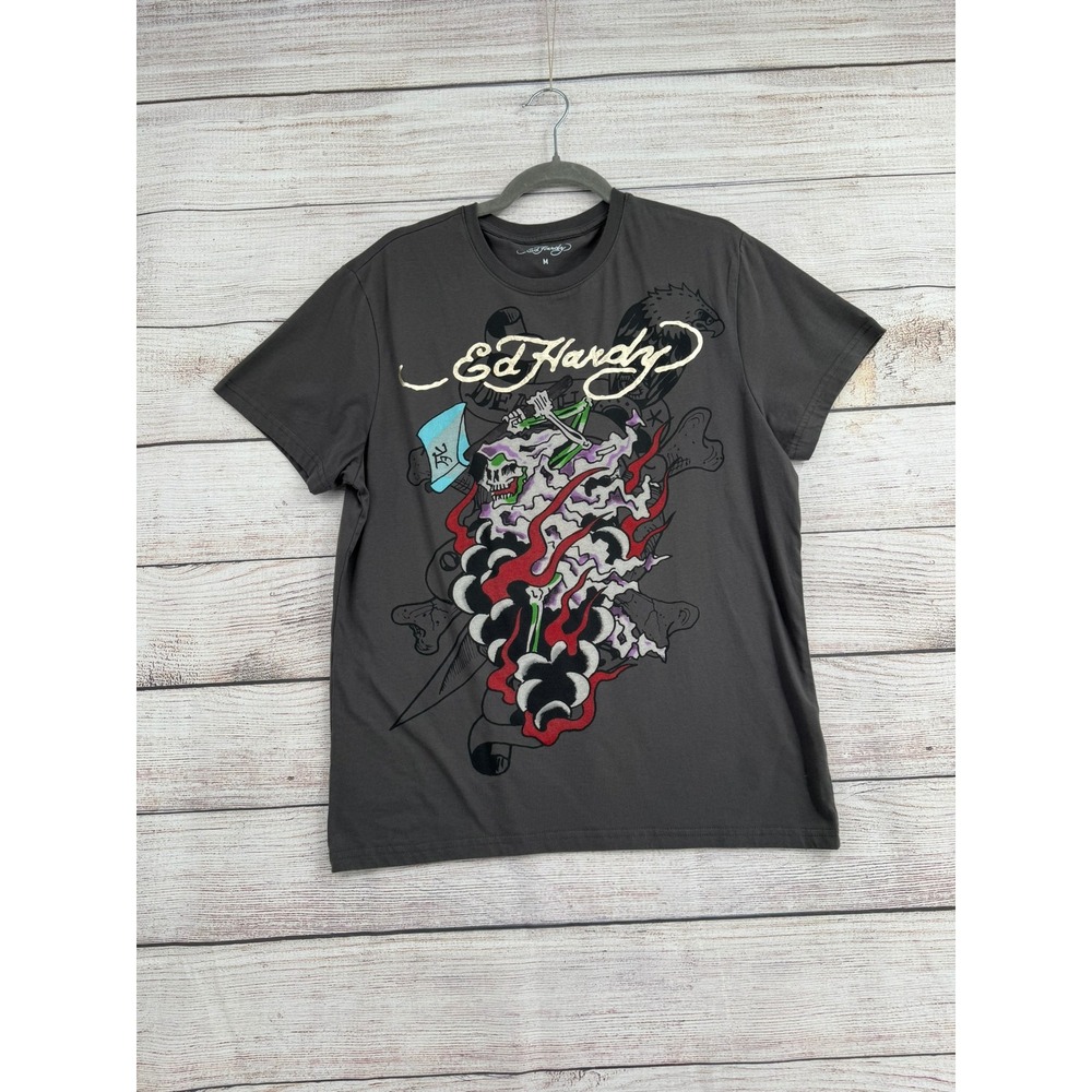 Ed Hardy Graphic T-Shirt Mens M Gray Skull Flame Tattoo Print EHMD1100-114